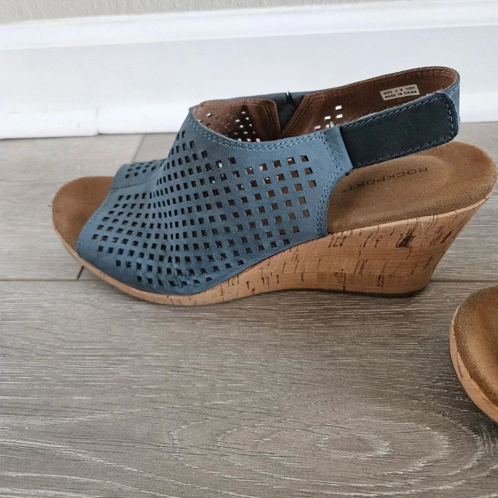Rockport Briah Perf Sling Wedge Sandals Blue Leather Laser Cut V83016 Womens 8W